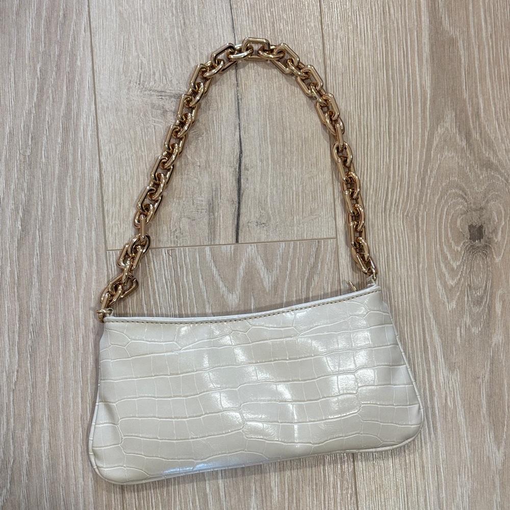 Zara Cream Croc-Embossed Bag with Gold Chain